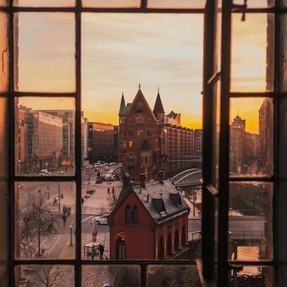 city view of hamburg through the window